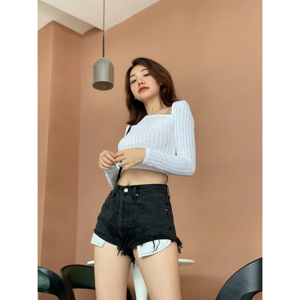 Anniegals - Áo thun gân khoét cổ tay dài - White Knitted Longsleeves Top