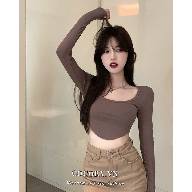 Cocory vn Áo croptop tay dài màu trơn dáng ôm thời trang quyến rũ thích hợp cho nữ