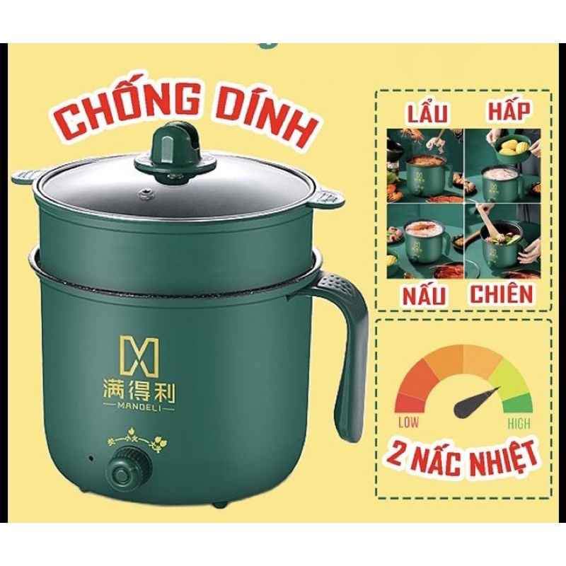 Nồi Lẩu Điện Mini, Nấu Mì 2 Tầng Kèm Giá Hấp Đa Năng Nướng, Luộc, Chiên Chống Dính Vấn Đá Tiện Lợi, Ca nấu mì mẫu mới