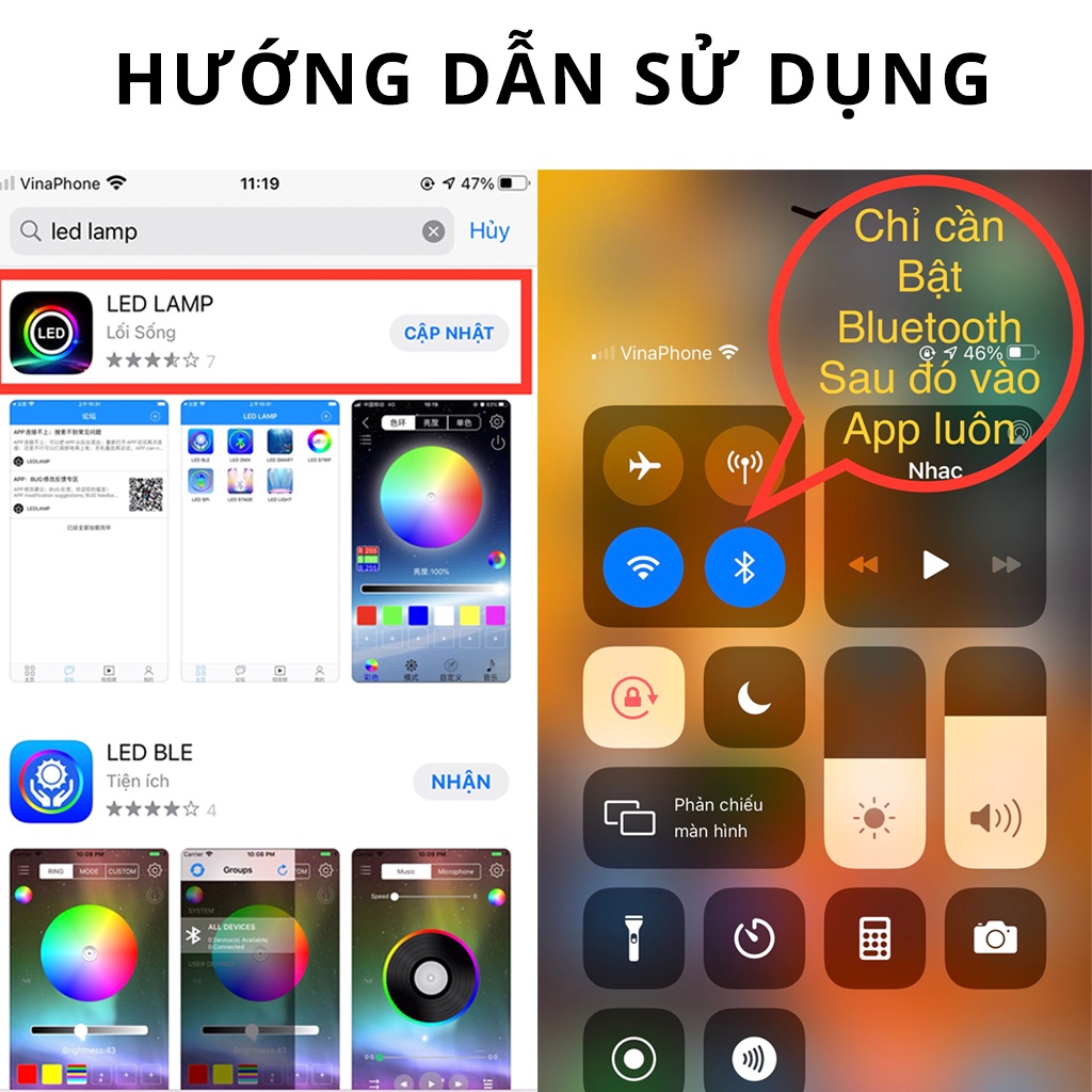 Đèn led RGB 10m IP65 dùng app cảm biến nhạc, đèn led TikTok, kết nối bluetooth dùng để dán trần hắt sáng tạo hiệu ứng,..