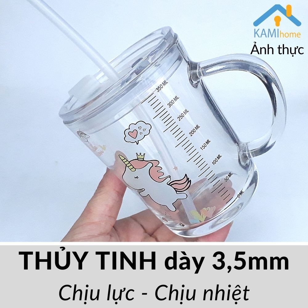 Ly thủy tinh chịu nhiệt 350ml có Quai và Nắp chống tràn giữ cách nhiệt Kami22022. 20024