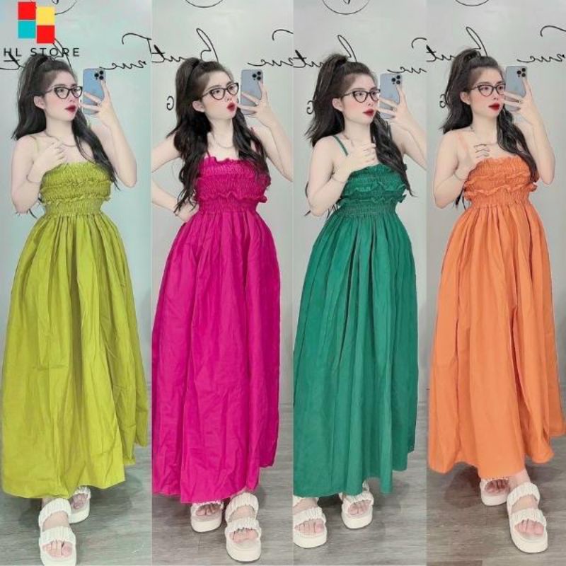 Váy 2 dây nhún ngực xòe dài, đầm maxi đi biển siêu đẹp