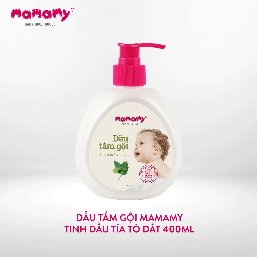 Dầu tắm gội kháng khuẩn và ngừa hăm - rôm sảy Mamamy tinh dầu vỏ bưởi/ tinh dầu tía tô đất 400ml