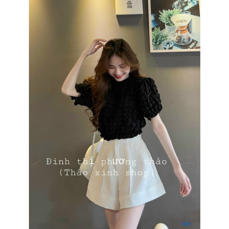 Set 2 món đi chơi với quần short ngắn lưng cao kèm áo xốp form rộng ngắn tay cổ tròn