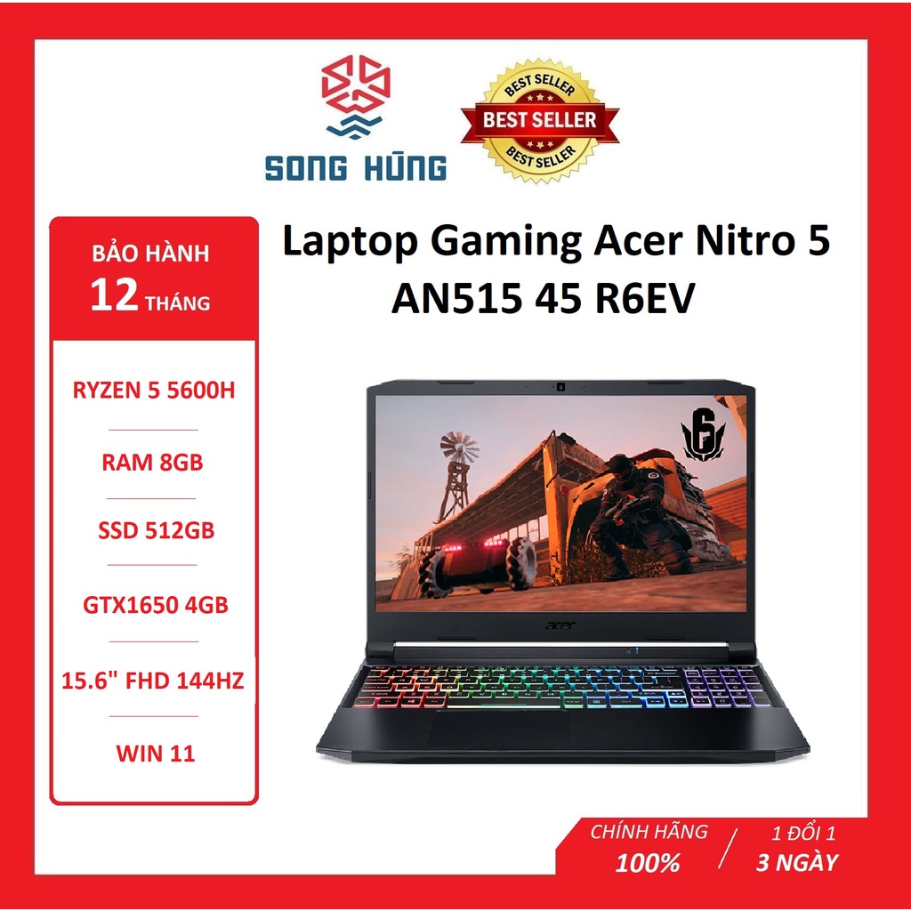 Laptop gaming acer Nitro 5 AN515-45-R6EV R5-5600H | 8GB | 512GB | GeForce® GTX 1650 4GB | 15.6' FHD 144Hz | Win 11