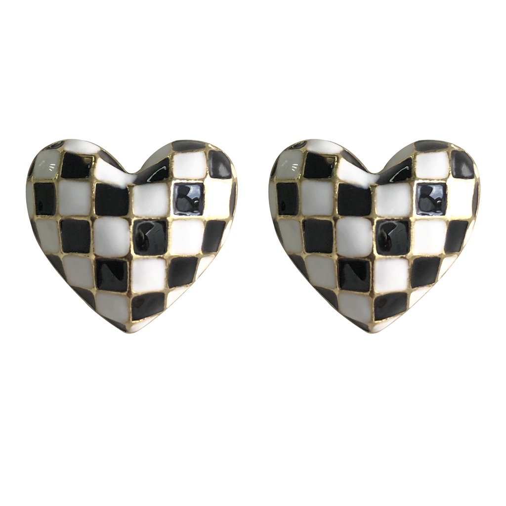 Hoa tai nữ hình trái tim kẻ sọc ca rô 3D thời trang