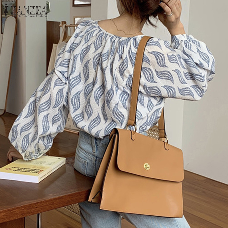 Áo ZANZEA tay dài cổ chữ O họa tiết hình học trang trí xếp ly trẻ trung cho nữ