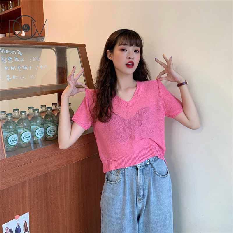 Áo Len Tay Ngắn Cổ Chữ V Màu Trơn Phong Cách Hàn Quốc | BigBuy360 - bigbuy360.vn