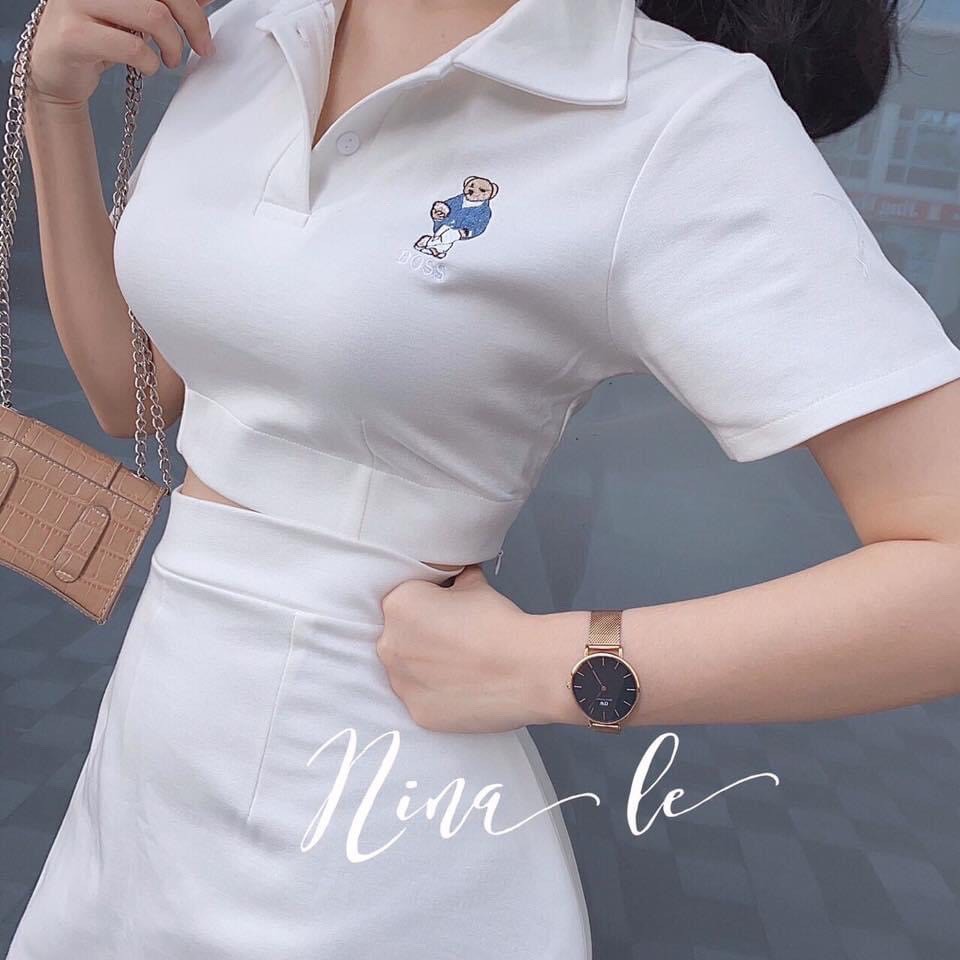 Sét áo kèm chân váy nữ áo croptop cổ sơ mi cái nút phối chân váy mini siêu dễ thương | BigBuy360 - bigbuy360.vn