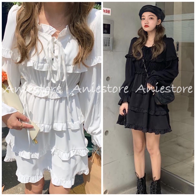 💃 Đầm Nữ Viền Bèo Buộc Nơ Dáng Ngắn 2 Màu