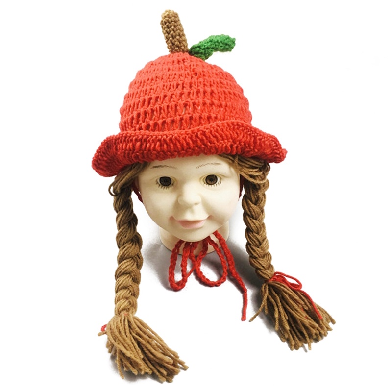 Mũ Beanie Dệt Kim Đính Tóc Giả Thắt Bím Dễ Thương Thời Trang Mùa Đông Cho Bé Gái