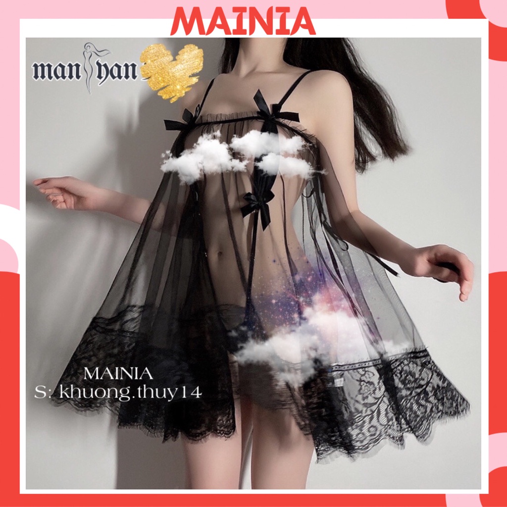 Đầm Ngủ Váy Ngủ Ren Màu Đen Xuyên Thấu Đính Nơ Cột Dây Siêu Gợi Cảm Sexy Quyến Rũ Mainia Shop