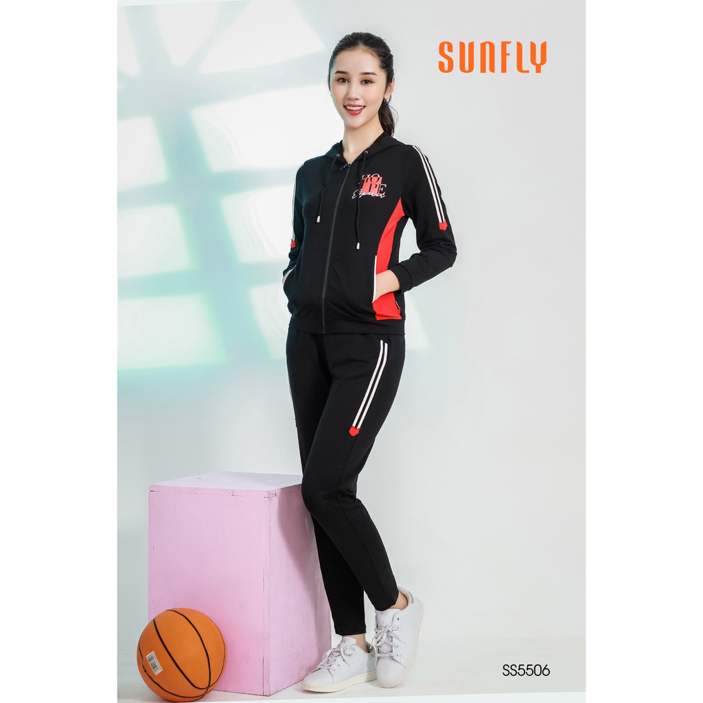 Bộ thể thao SUNFLY da cá kéo khóa có mũ áo dài quần dài SS5506