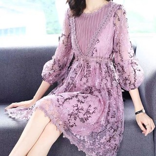áo mẹ☃✖✵Váy cỡ lớn 2021 xuân mới cao cấp phụ nữ mẹ ren thêu hoa màu tím [phát hành ngày 16 tháng 3]