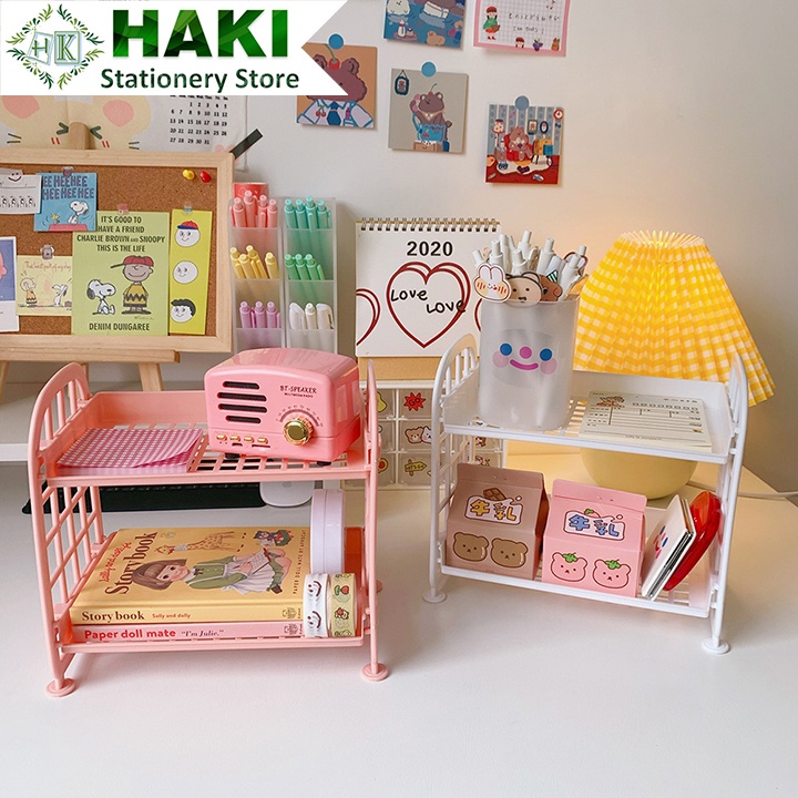 Kệ để đồ 2 tầng HAKI, kệ nhựa mini đa năng decor trang trí để sách đồ đùng văn phòng phẩm nhiều màu KN02