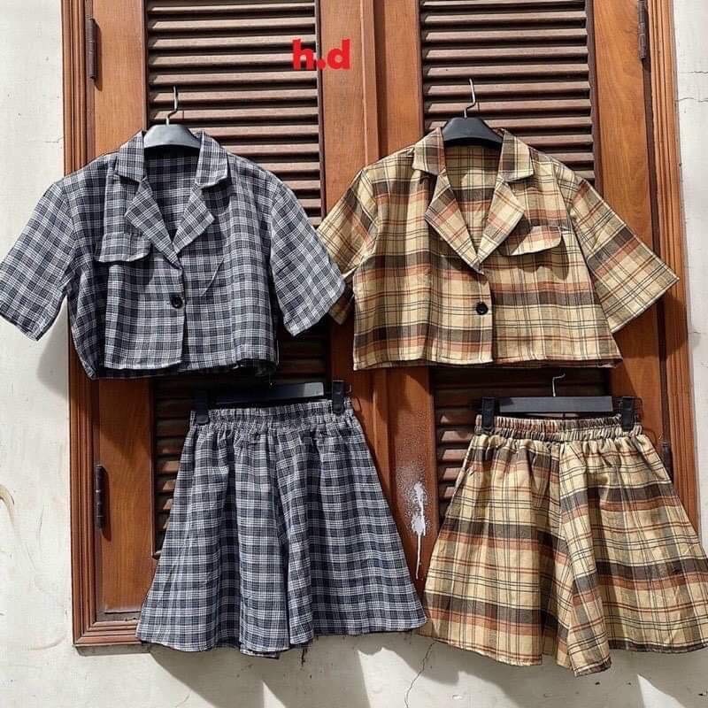 Set áo croptop sơ mi cổ véc + quần đùi ông rộng giả váy hđ