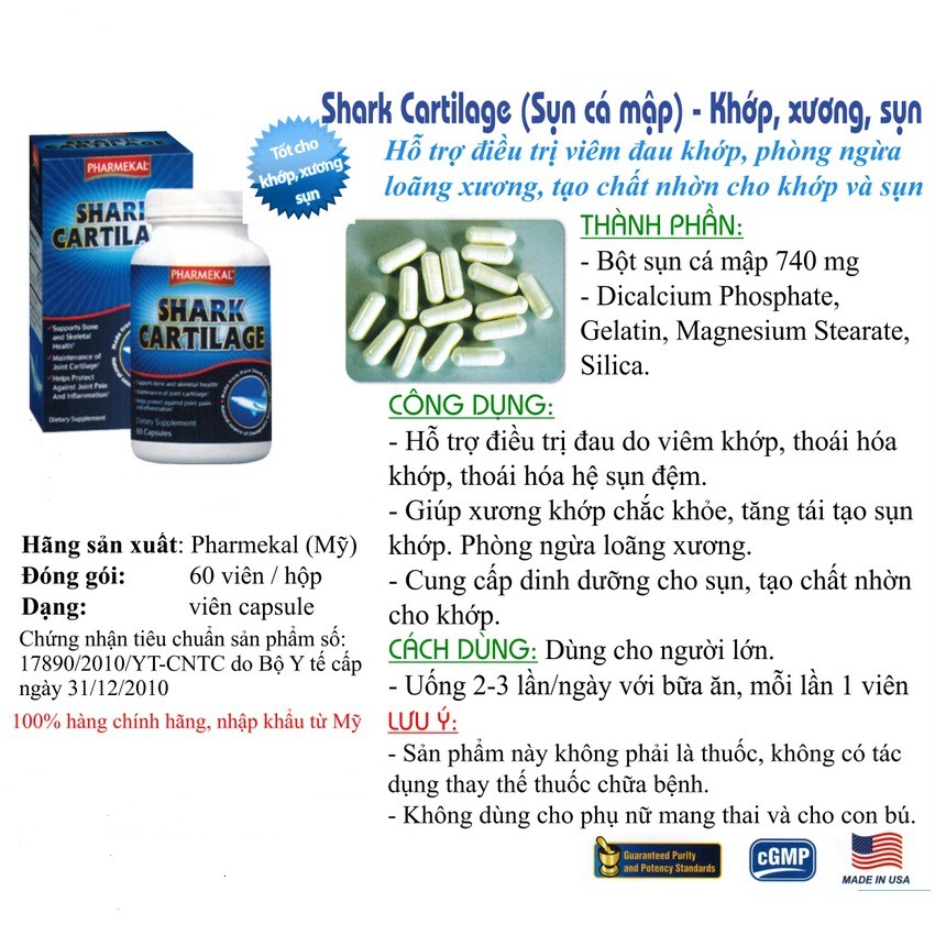 Viên uống Sụn Cá Mập Pharmekal Shark Cartilage 740mg Mỹ 100 viên