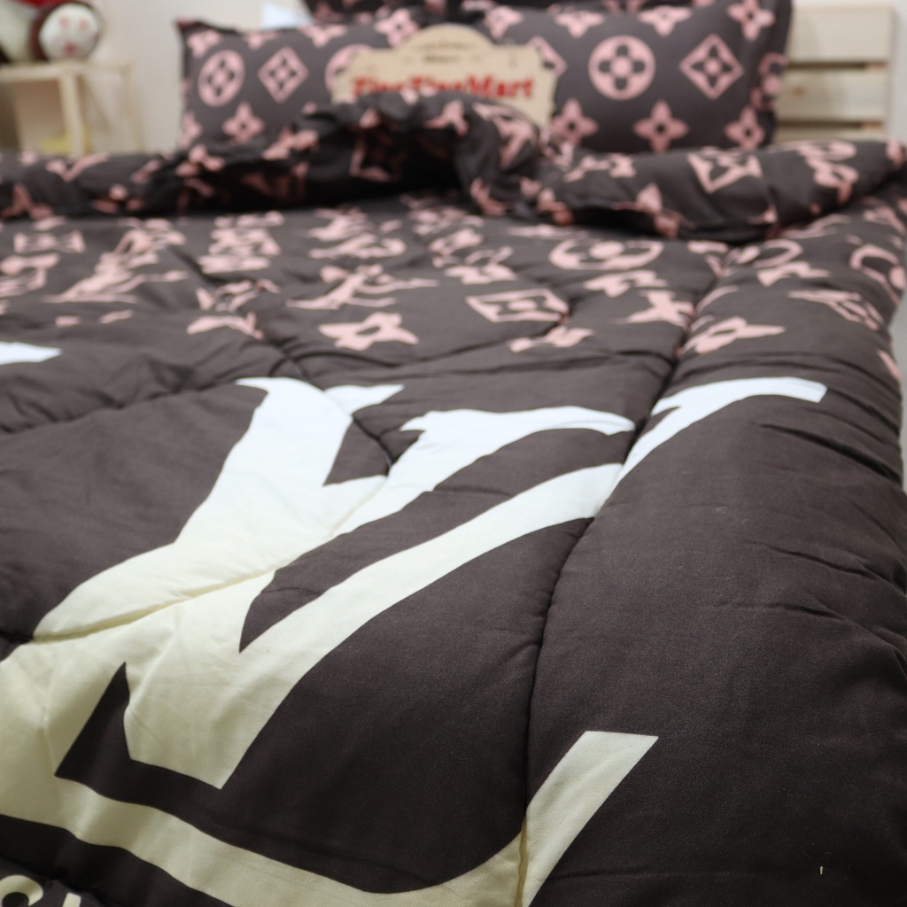 Bộ Ga Gối Poly Cotton Felicia Combo 5 Món Mẫu kẻ LV m2/m6/m8/2m2, 2 Gối + 1 Ga + 1 Vỏ Ôm + 1 Chăn