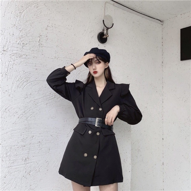 Váy giả vest tay bồng nhẹ phối bèo kèm belt đôi (có ảnh thật)