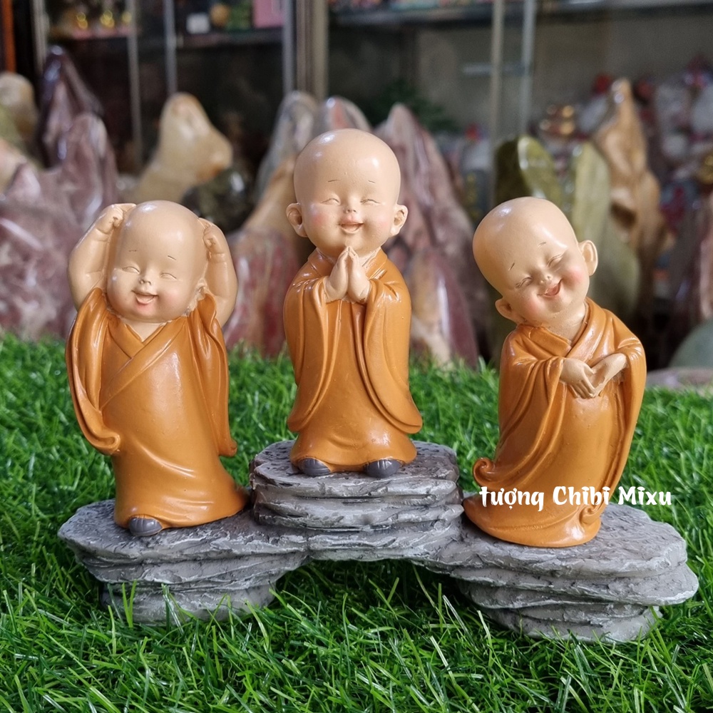 Bộ 03 chú áo nâu kèm đế giả đá size 8cm mini - mẫu đứng