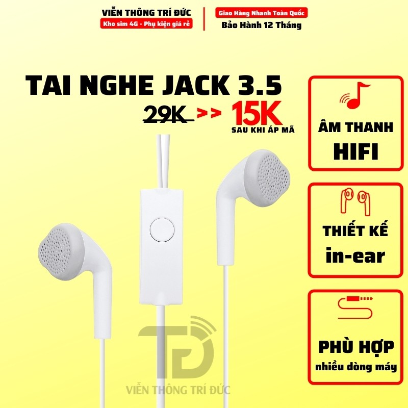 Tai Nghe Nhét Tai cho iPhone/Samsung Có Mic - Jack 3.5mm, Dây Đàn Hồi Cao, Âm Thanh Bass-Treble Hay- Giá Rẻ