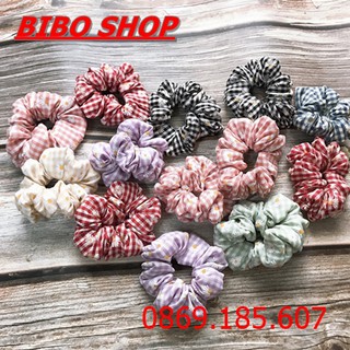 Cột tóc vải scrunchies vải caro hoa cúc loại đẹp, dây buộc tóc vải caro hoa cúc cho nữ