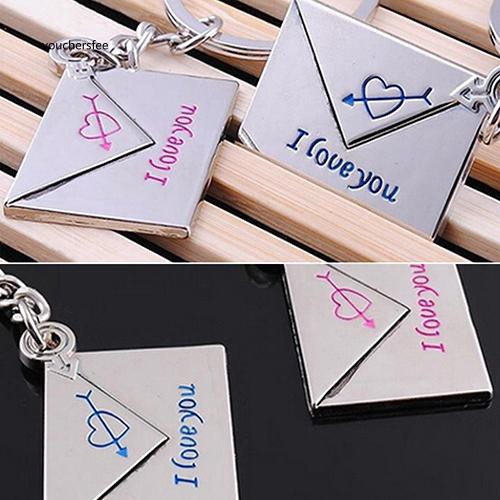 Set 2 móc chìa khoá hoạ tiết phong thư trái tim khắc chữ I love you