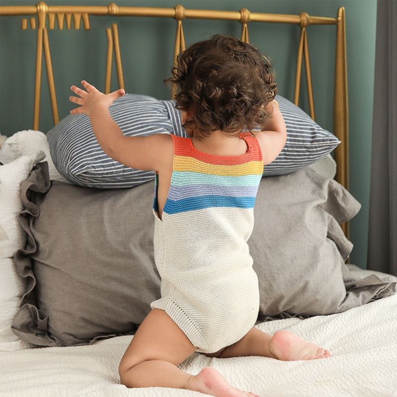 Bộ Áo Liền Quần Sát Nách Dệt Kim Họa Tiết Kẻ Sọc Màu Cầu Vồng Xinh Xắn Cho