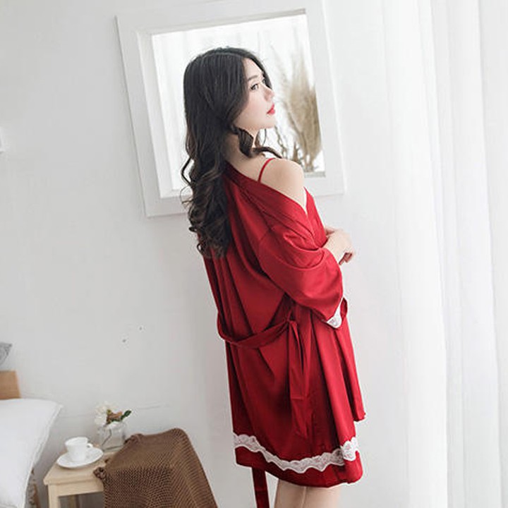 [Mã WASTCOOL giảm 15% tối đa 50K đơn 99K] Áo choàng ngủ lụa cao cấp kiểu kimono tay lững phối ren sang trọng