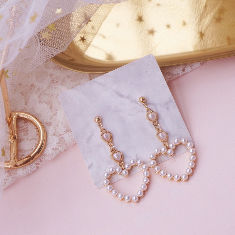 Khuyên tai kẹp không bấm lỗ chốt điều chỉnh K075 bằng hợp kim mạ vàng hình trái tim đính hạt trai bigsize dáng dài Leous