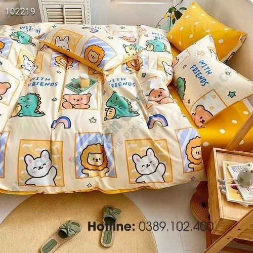 ( Freeship - Hàng New) Set 4 Món Chăn Ga Gối Cotton 100% - Cotton Living Các Con Vật Dành Cho Bé