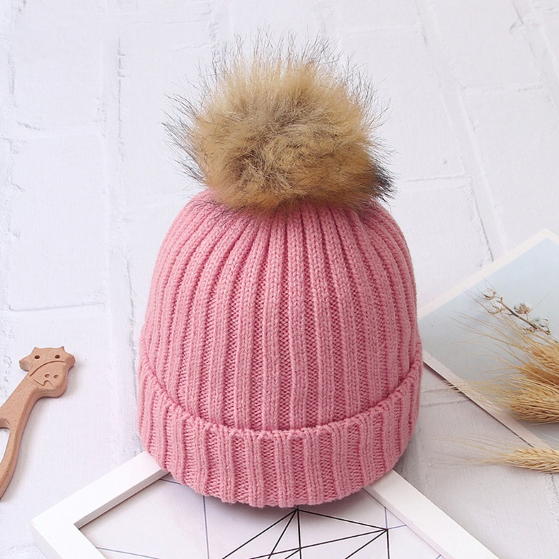 Mũ Beanie Dệt Kim Phối Bóng Lông Mềm Mại Giữ Ấm Mùa Đông Cho Bé Trai Và Gái