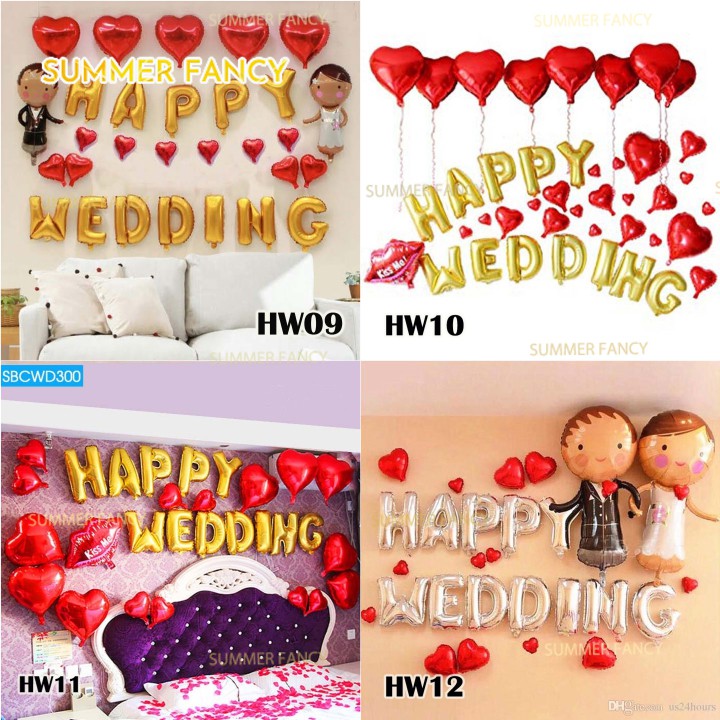 Set chữ HAPPY WEDDING + phụ kiện + TẶNG bơm keo, trang trí phòng cưới tông màu vàng trắng