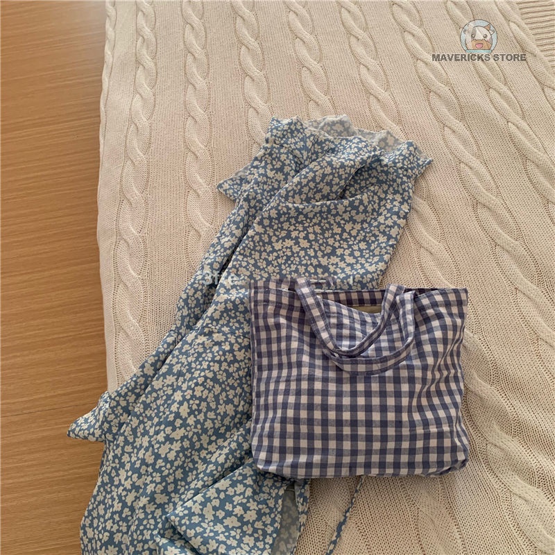 Túi xách đeo vai vải lanh cotton họa tiết sọc ca rô dễ thương phong cách retro hàn quốc