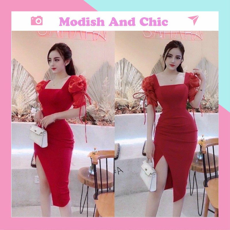 Váy body đỏ ôm tay bồng V073 - MC phân phối chính thức ( kèm ảnh thật sản phẩm shop tự chụp)