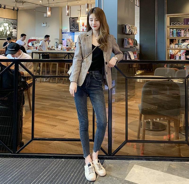 Áo Khoác Vest Kẻ Sọc Caro Phong Cách Hàn Quốc Thanh Lịch Cho Phụ Nữ