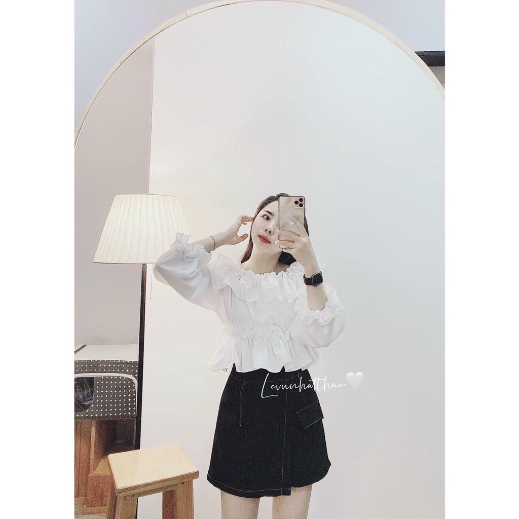 Set Đồ T gồm chân váy chỉ nổi và áo trắng trễ vai tay áo thiết kế xếp tầng bo chun điệu đà form chuẩn ZADOLA FASHION
