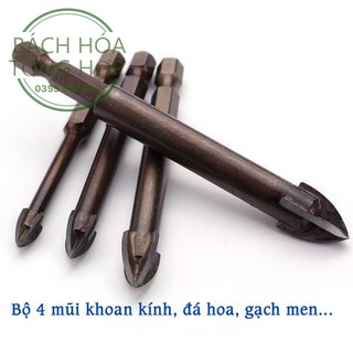 Mũi Khoan Gạch Men, Bộ 4 Mũi Khoan Kính, Đá Hoa, Gạch Ốp Lát, Gạch Men...Đen Thẳng
