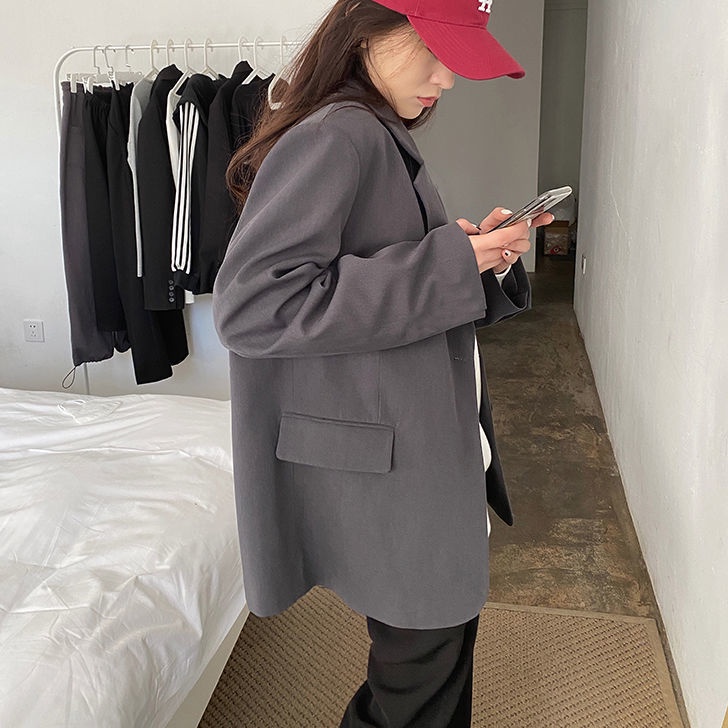 Áo Khoác Vest Một Hàng Nút Dáng Rộng Cỡ Lớn Màu Xám Phong Cách Hàn Quốc Thời Trang Xuân Thu Cho Nữ oversize blazer