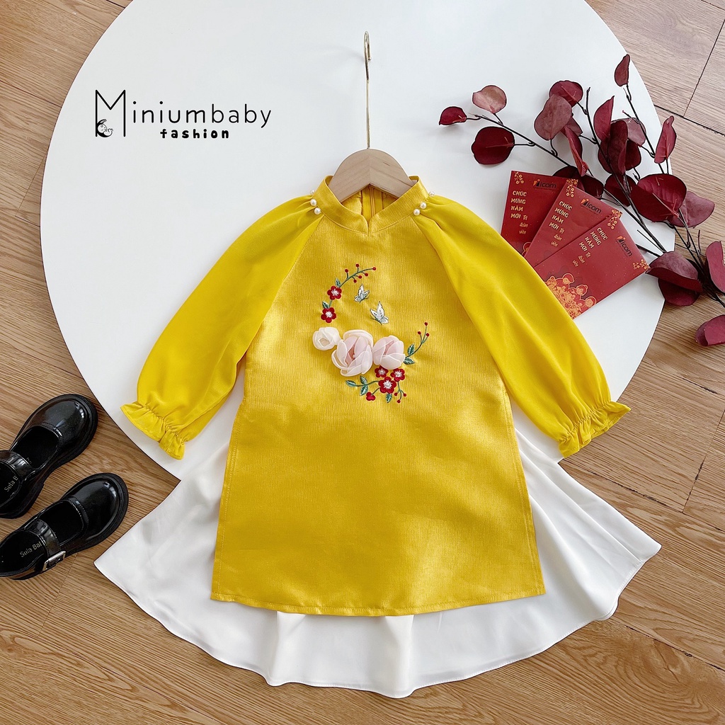 Set bộ áo dài cho bé gái, mẫu thiết kế áo dài cách tân họa tiết hoa mẫu đơn cho bé  MINIUMBABYFASHION AD1121