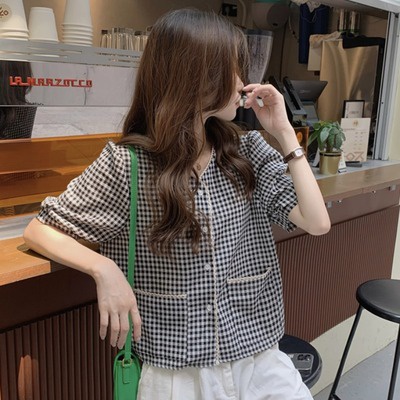 Áo Sơ Mi Tay Phồng Cổ Chữ V Form Rộng Họa Tiết Sọc Caro Phong Cách retro Hàn Quốc 220502