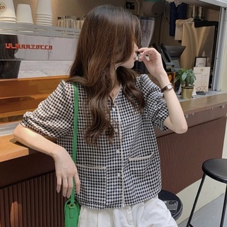 Xj-xj- Phiên bản Hàn Quốc của cổ điển cổ chữ V khí chất dáng rộng ren khâu áo sơ mi kẻ sọc tay phồng 220502