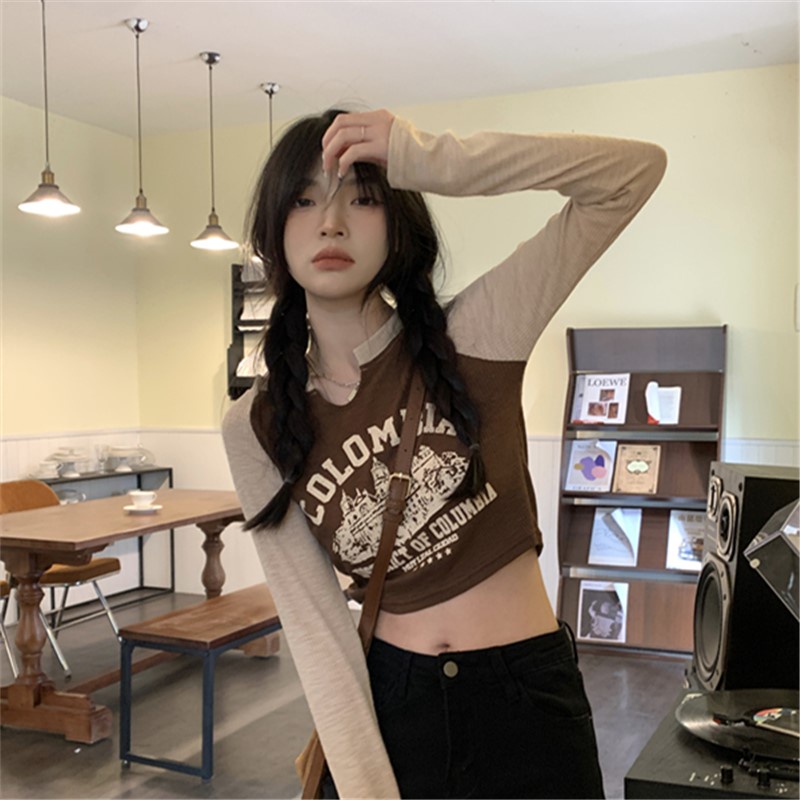 Áo dệt kim ZHELIHANGFEI tay dài cổ tròn dáng ôm phong cách retro Mỹ