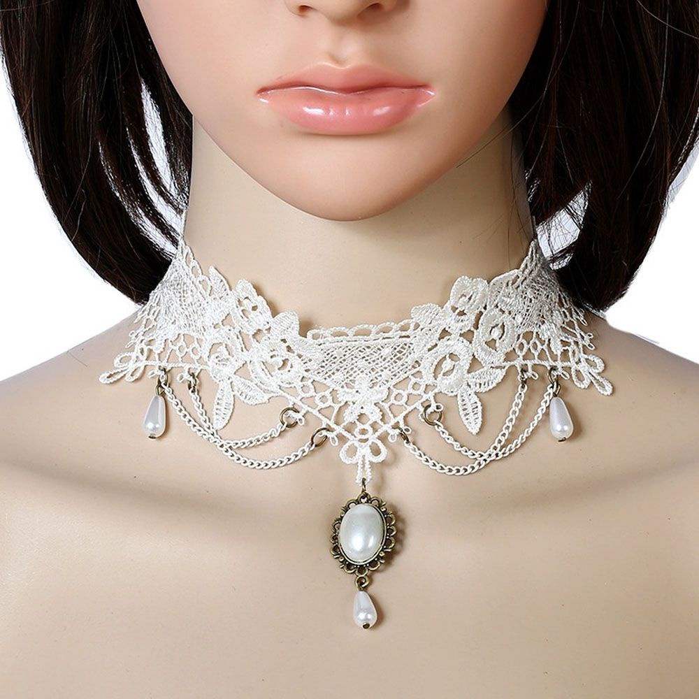 Vòng cổ choker phối ren đính ngọc trai thời trang cổ điển cho nữ