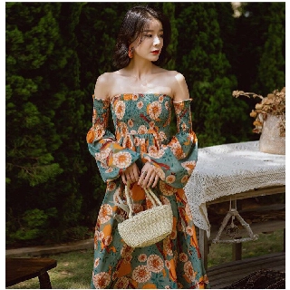 (video ảnh thật)Đầm Trễ Vai Phong Cách Boho Vintage