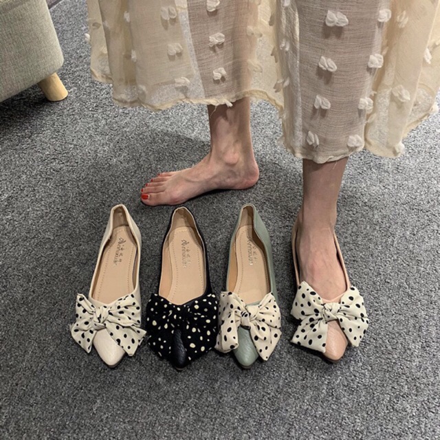 Giày Búp Bê Nơ Chấm Bi Khoét Eo Mũi Nhọn - Ảnh Thật