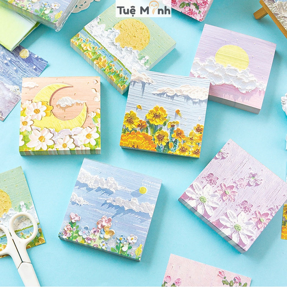 Note ghi chú 100 tờ tranh sáp dầu thiên nhiên nghệ thuật NO16 giấy nhớ note hình bầu trời, biển núi