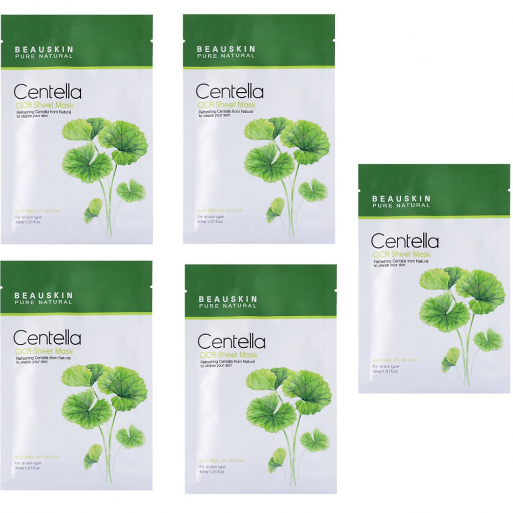 Combo 5 Mặt Nạ Trắng Da, Ngừa Mụn Cica Centella Sheet Mask Beauskin  Hàn 30ml/ Cái - Hàng Chính Hãng