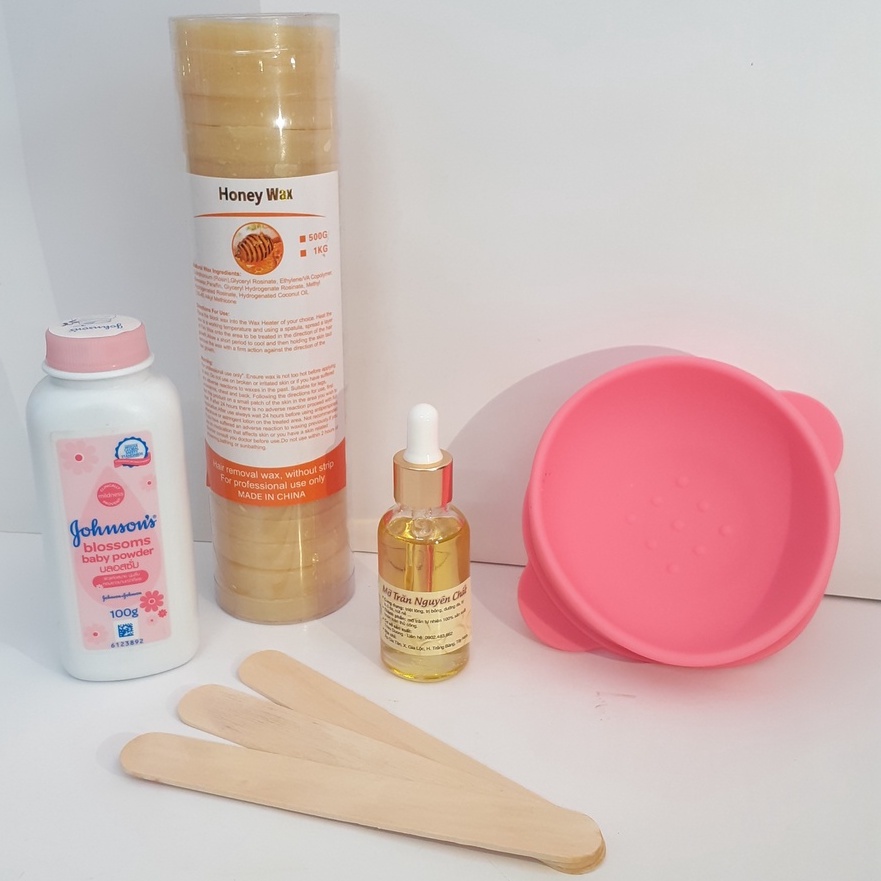 set wax sáp khoanh:500g sáp khoanh + chén silicon + mỡ trăn +  phấn rôm 100g Johnson baby (tặng que sáp + đồ dũa móng)