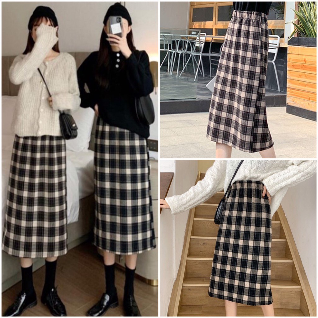 Chân váy dài dạ kẻ caro cạp chun, Chân váy dạ kẻ caro dáng dài Ulzzang 2 màu đen nâu xẻ vạt sau phong cách Hàn Quốc